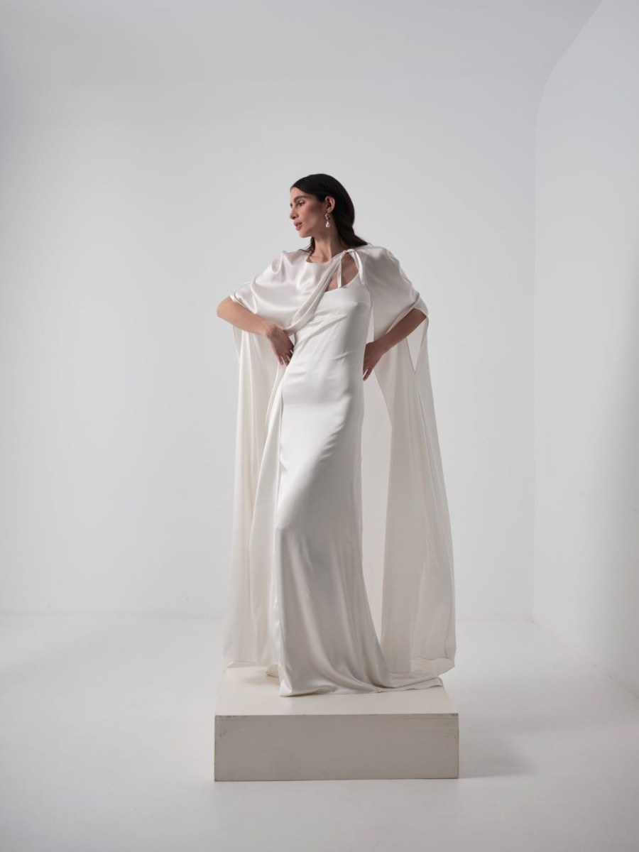 Dresses Kleinfeld Bridal Sheath | Silk One-Shoulder Gown With Detachable Cape