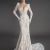 Dresses Kleinfeld Bridal Kleinfeld Exclusives | All Over Lace Long Puff Sleeve Sheath Wedding Dress With Plunging V Neckline