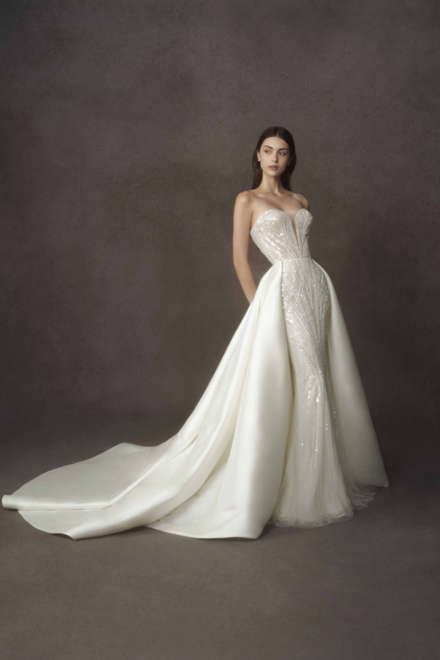 Dresses Kleinfeld Bridal Fit And Flare | Strapless Mermaid Dress With Geometric Beading And Detachable Mikado Train