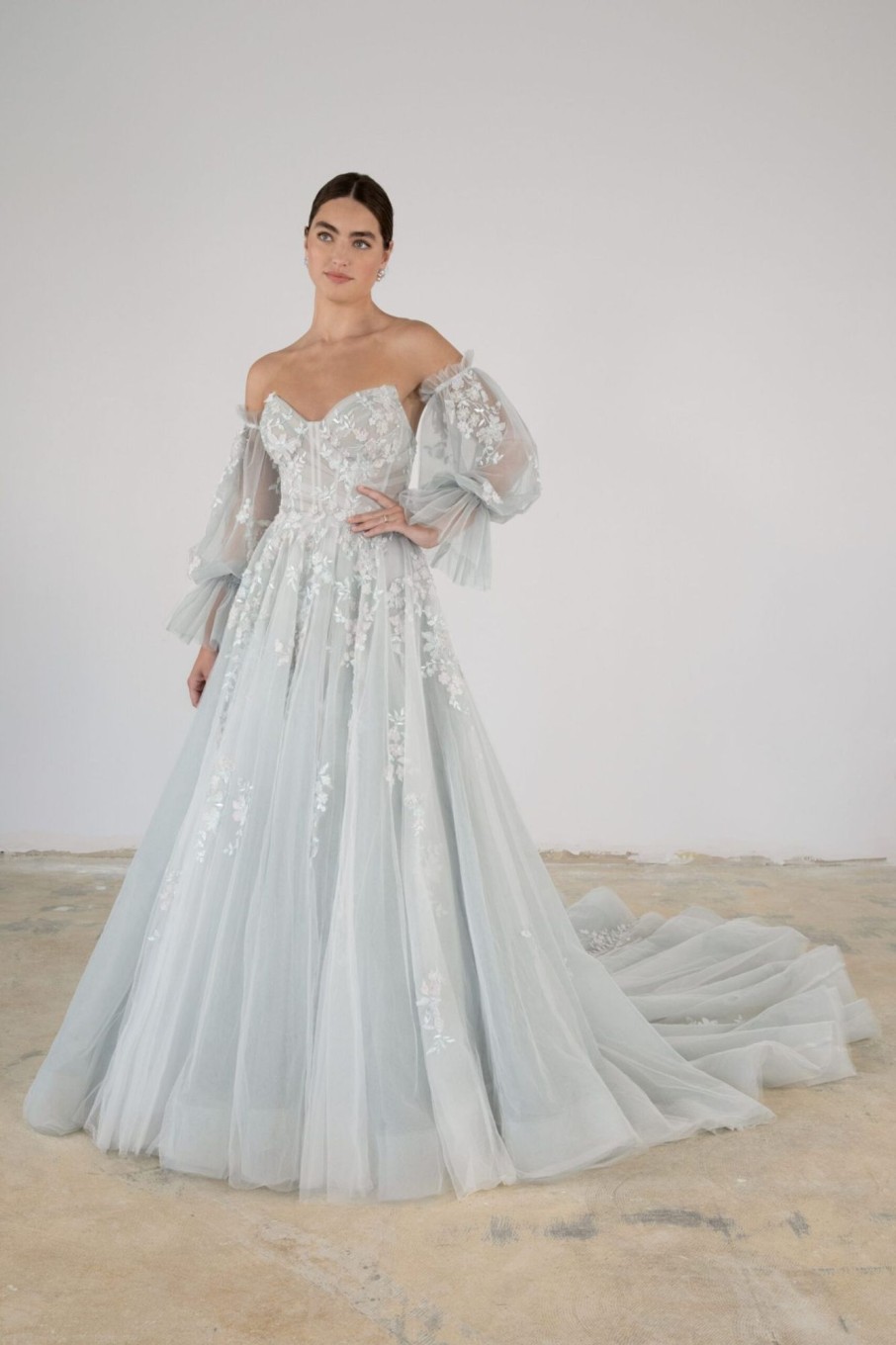 Dresses Kleinfeld Bridal Ball Gown | Blue Tulle Ball Gown With Detachable Sleeves