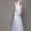 Dresses Kleinfeld Bridal Kleinfeld Exclusives | Sleeveless V-Neckline Satin Sheath Wedding Dress With Asymmetrical Back