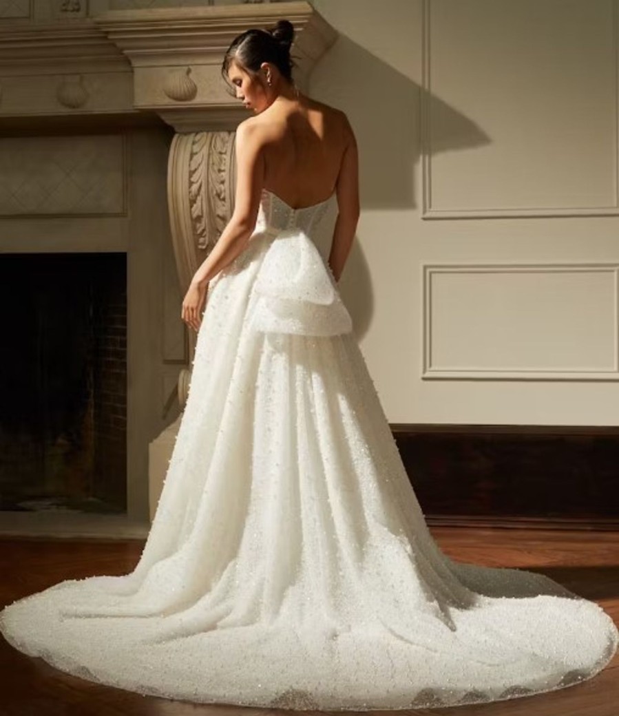 Dresses Kleinfeld Bridal A-Line | Strapless Pearl Lace Ball Gown Wedding Dress With Back Bow