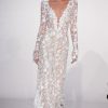 Dresses Kleinfeld Bridal Kleinfeld Exclusives | Long Sleeve V-Neckline Jumpsuit With White 3D Lace Florals