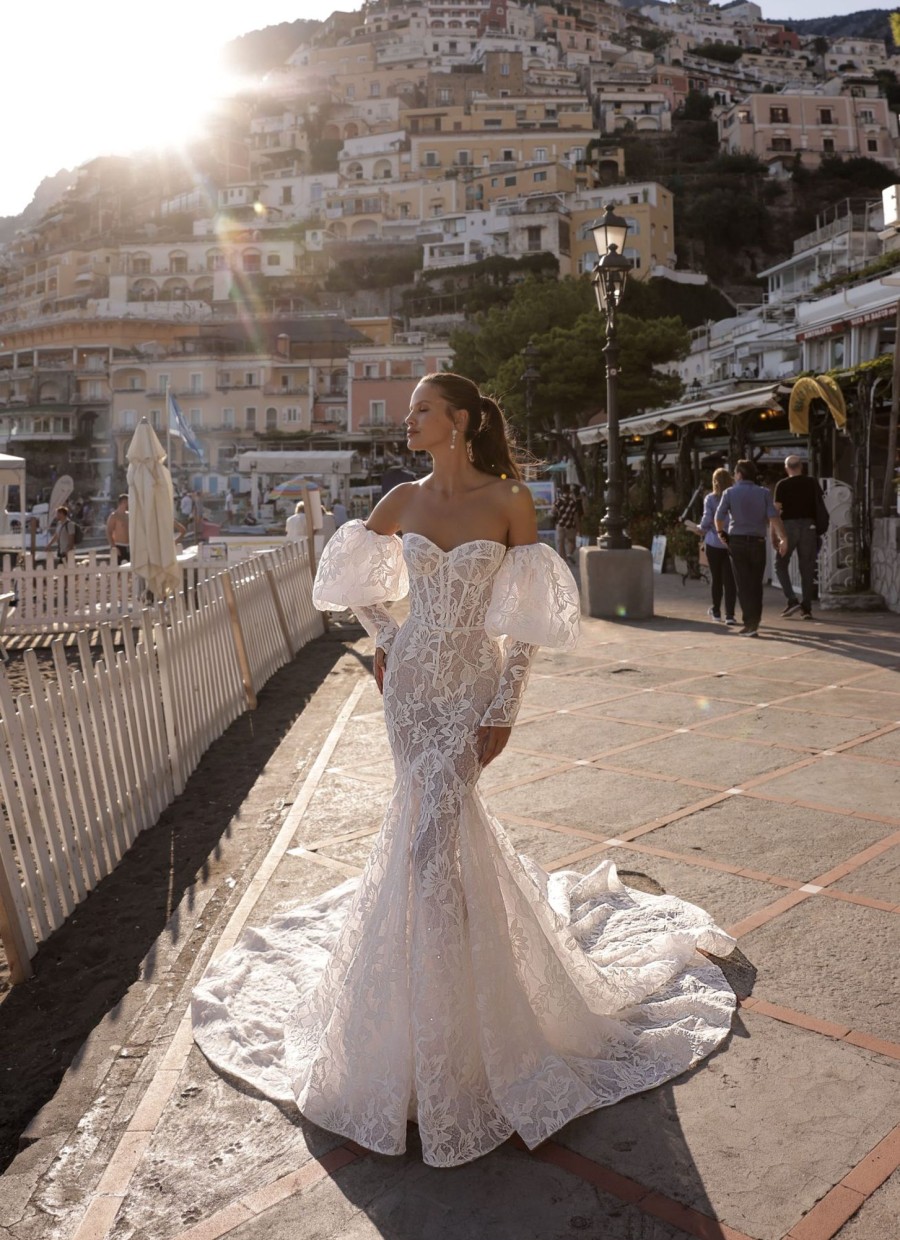 Dresses Kleinfeld Bridal Lace | Lace Mermaid Gown With Detachable Puff Sleeves