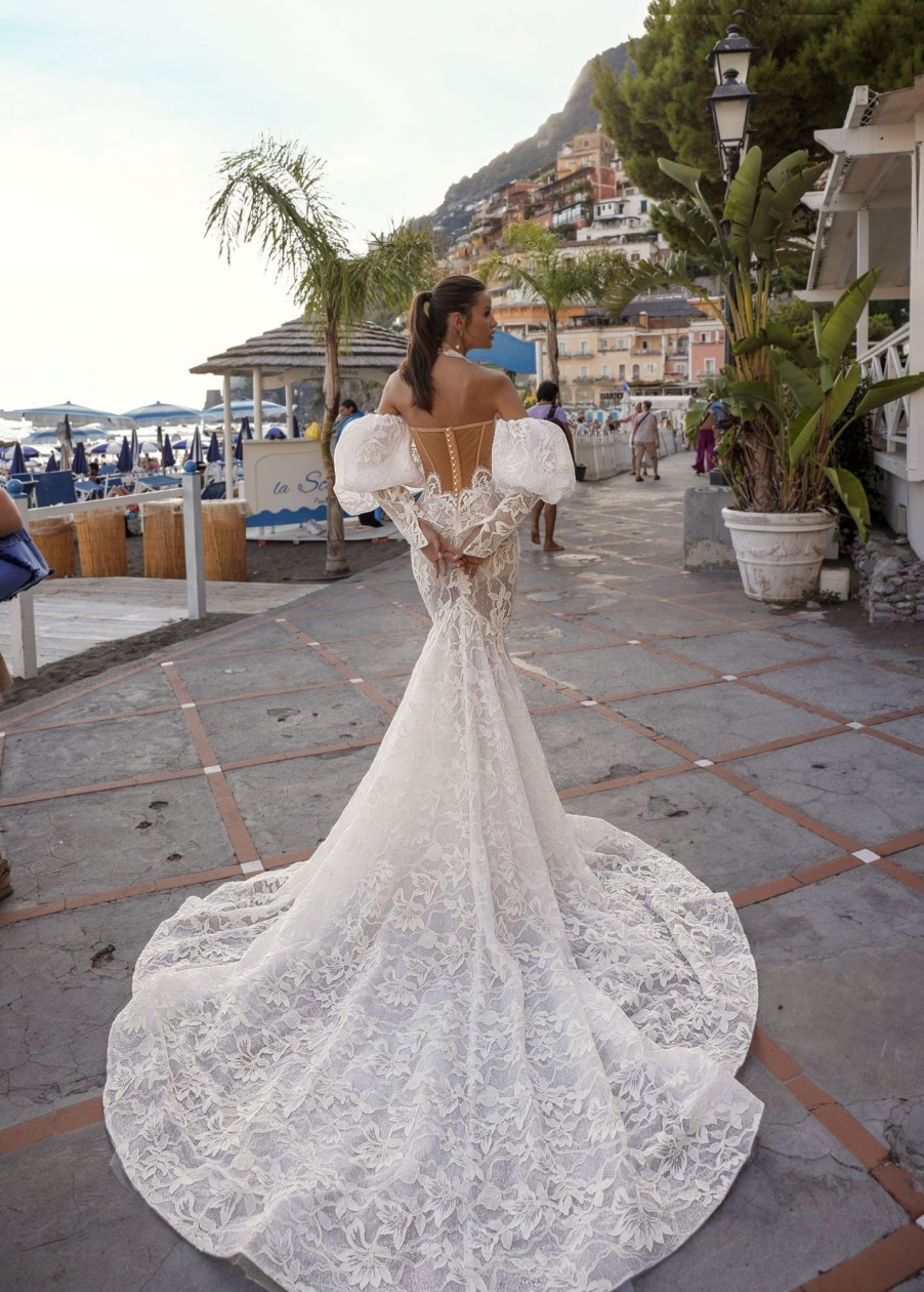 Dresses Kleinfeld Bridal Lace | Lace Mermaid Gown With Detachable Puff Sleeves