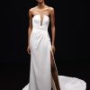 Dresses Kleinfeld Bridal Sheath | Strapless Satin Sheath Wedding Dress With Draped Bodice And Bow And Front Slit