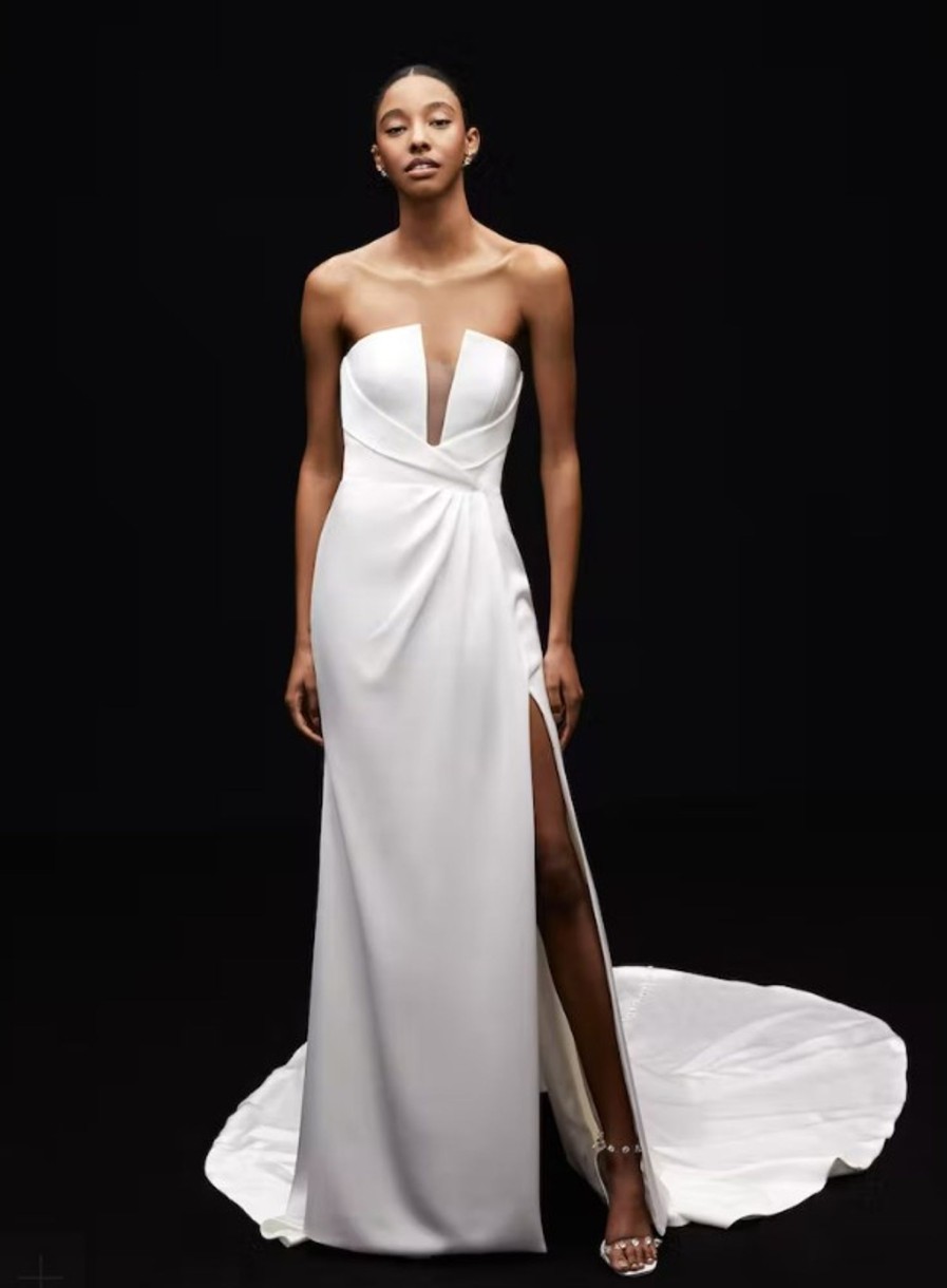 Dresses Kleinfeld Bridal Sheath | Strapless Satin Sheath Wedding Dress With Draped Bodice And Bow And Front Slit