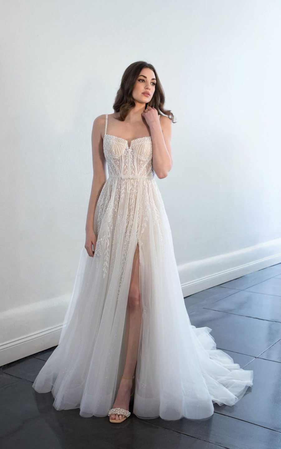 Dresses Kleinfeld Bridal A-Line | Spaghetti Strap A-Line Sparkle Wedding Dress With Tulle Skirt