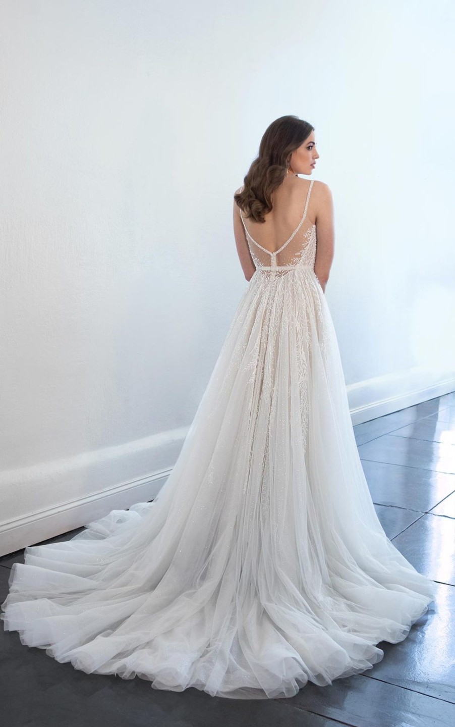 Dresses Kleinfeld Bridal A-Line | Spaghetti Strap A-Line Sparkle Wedding Dress With Tulle Skirt