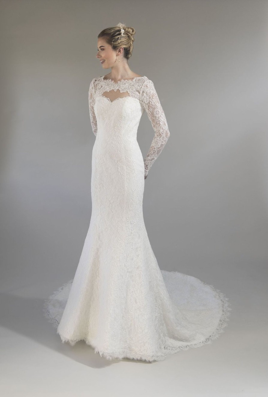 Dresses Kleinfeld Bridal Lace | Long Sleeve Lace Fit And Flare Wedding Dress With Bateau Neck And Open Back