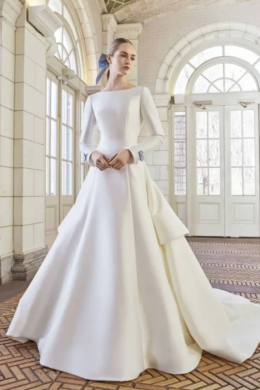 Dresses Kleinfeld Bridal A-Line | Modest And Sophisticated Modified A-Line Gown With Blue Bows