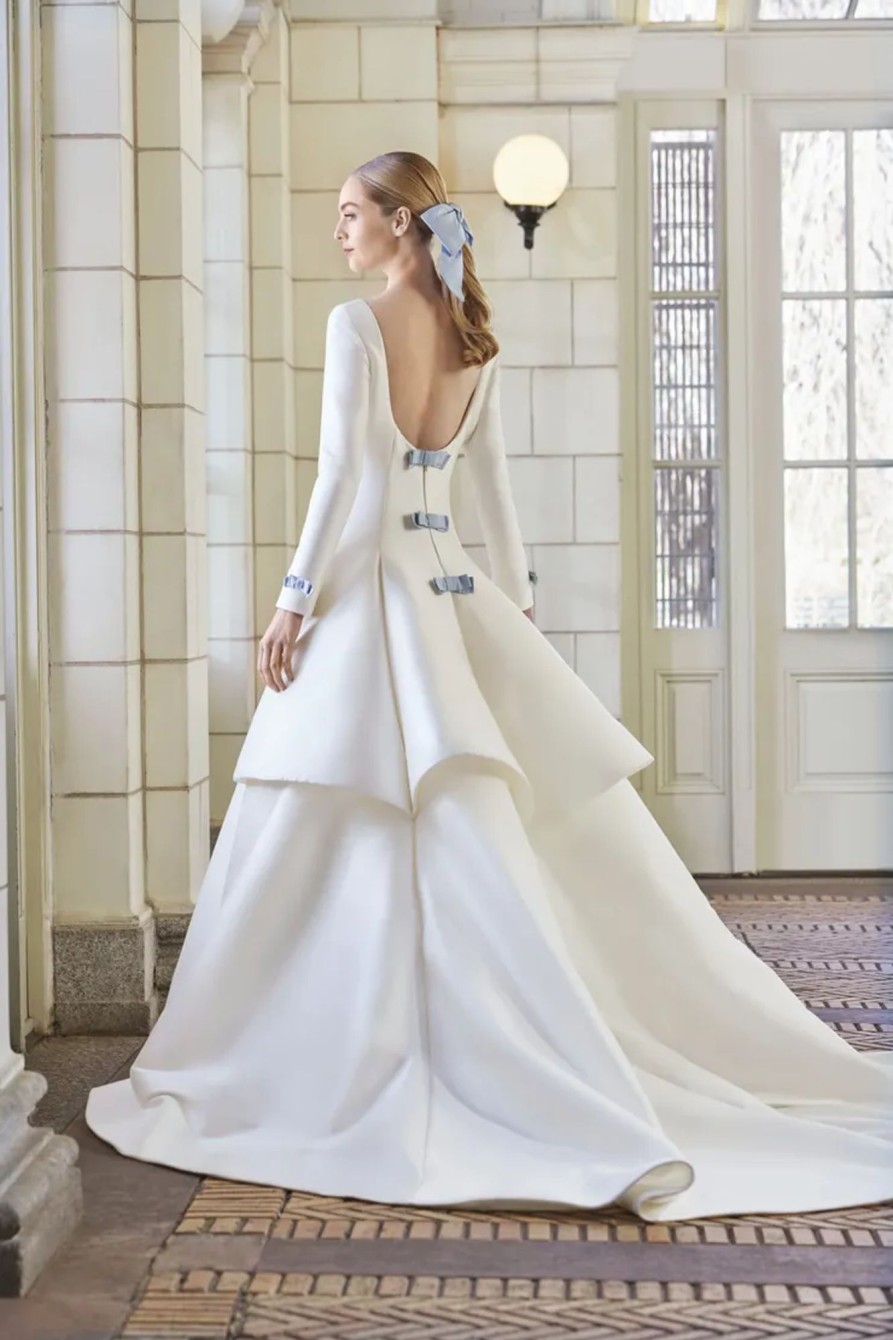 Dresses Kleinfeld Bridal A-Line | Modest And Sophisticated Modified A-Line Gown With Blue Bows