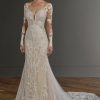 Dresses Kleinfeld Bridal Long Sleeves | V-Neckline Long Sleeve Embroidered Fit And Flare Wedding Dress