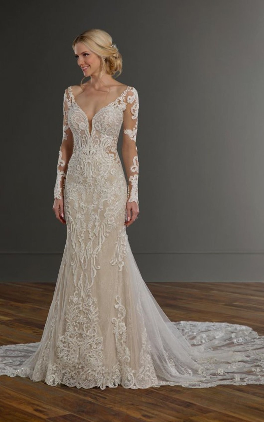 Dresses Kleinfeld Bridal Long Sleeves | V-Neckline Long Sleeve Embroidered Fit And Flare Wedding Dress