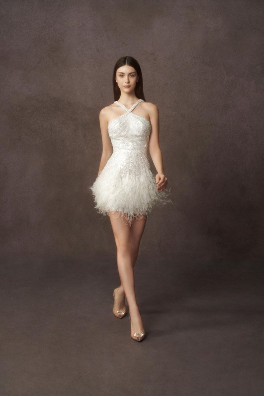 Dresses Kleinfeld Bridal Kleinfeld Exclusives | Beaded Mini Dress With Feather Skirt