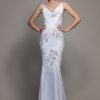 Dresses Kleinfeld Bridal Sexy | Spaghetti Strap Crepe Sheath Wedding Dress With Floral Applique And Cowl Neck