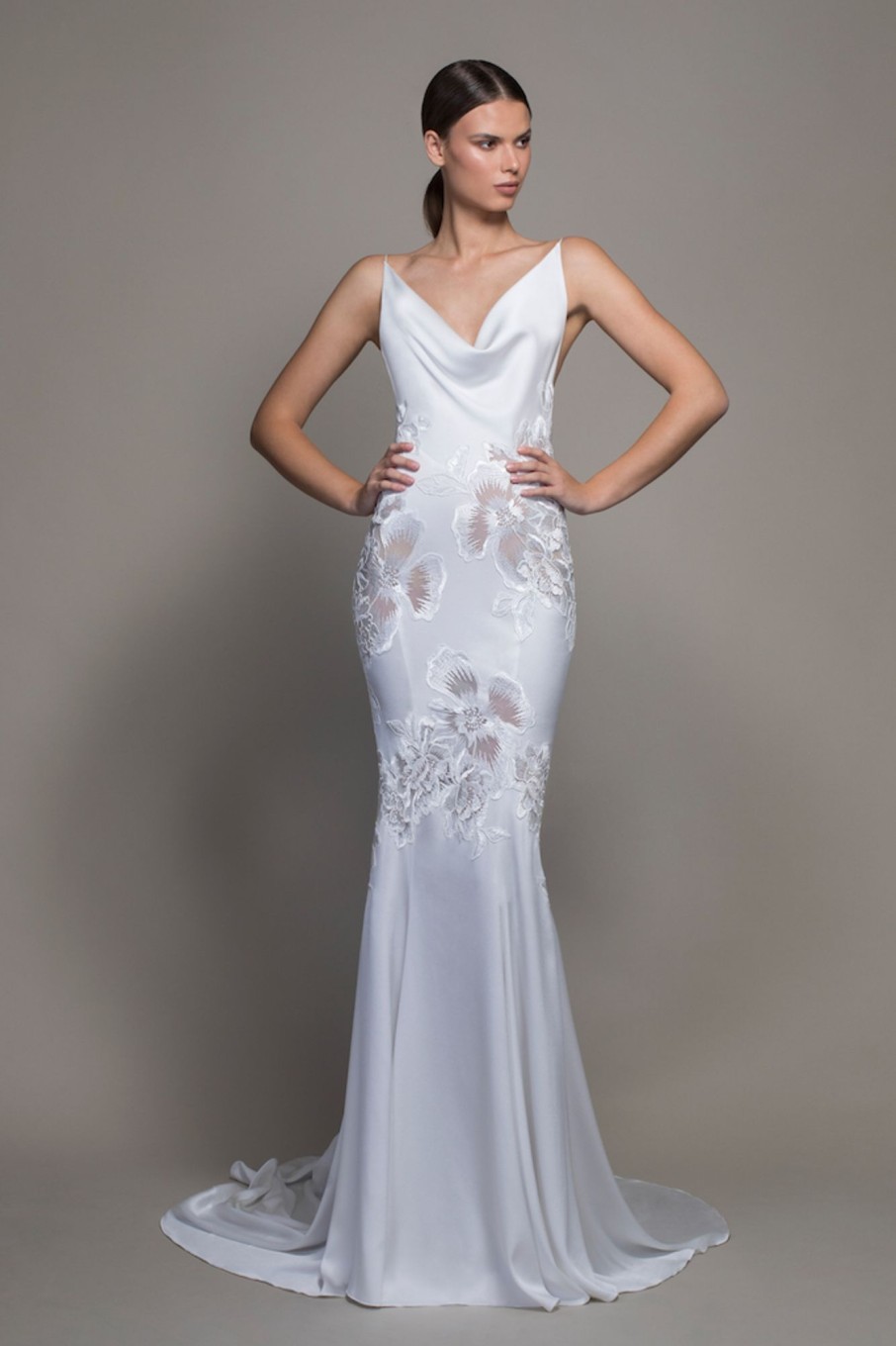 Dresses Kleinfeld Bridal Sexy | Spaghetti Strap Crepe Sheath Wedding Dress With Floral Applique And Cowl Neck