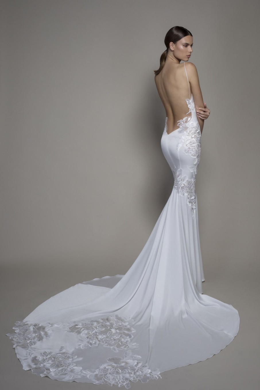 Dresses Kleinfeld Bridal Sexy | Spaghetti Strap Crepe Sheath Wedding Dress With Floral Applique And Cowl Neck