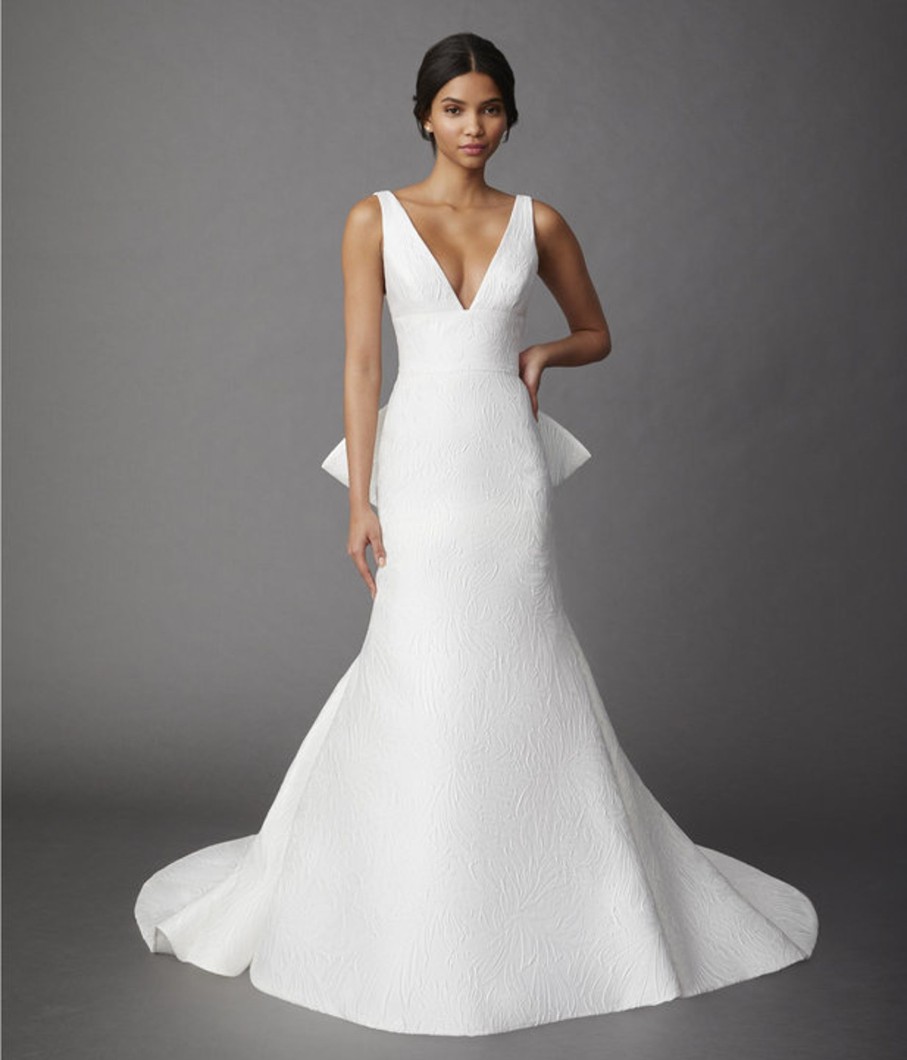 Dresses Kleinfeld Bridal Fit And Flare | V-Neck Jacquard Fit-And-Flare Gown With Bow