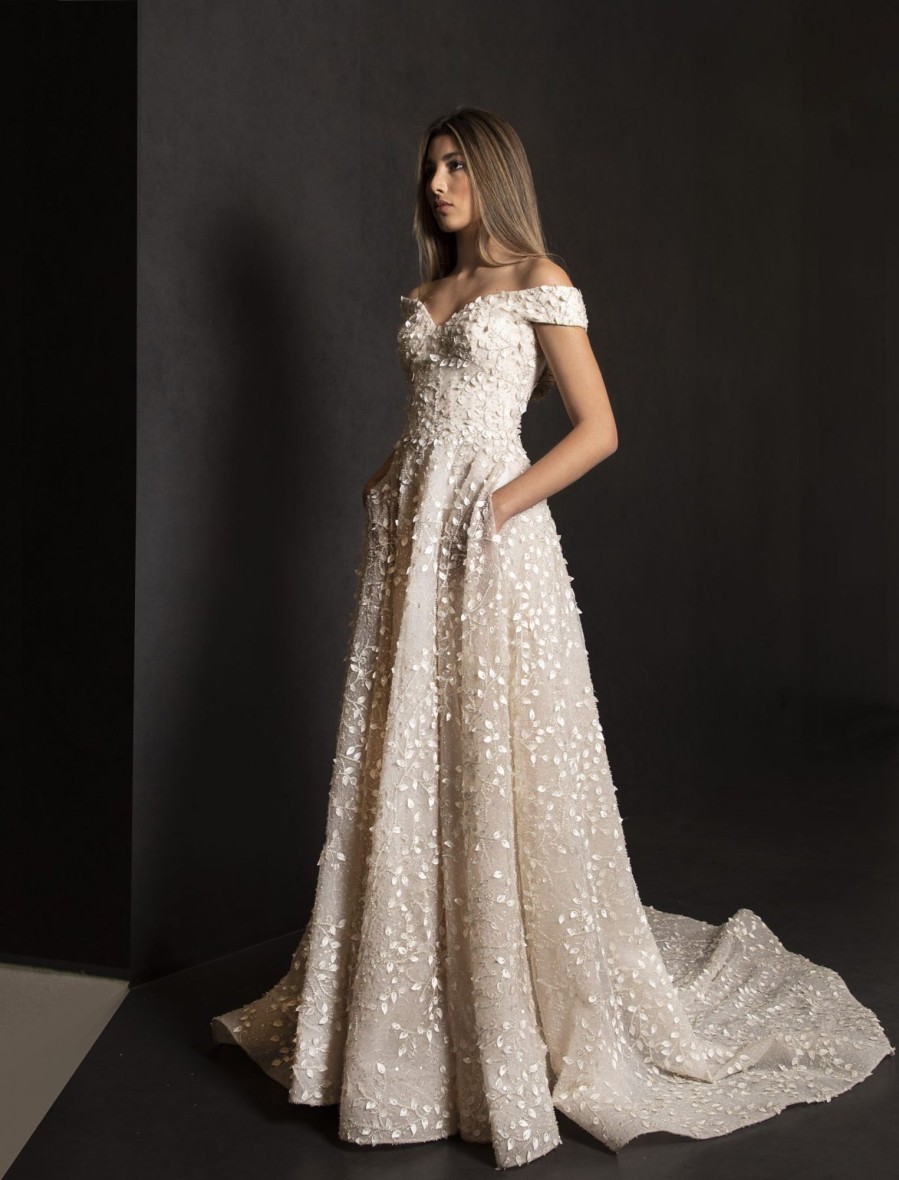 Dresses Kleinfeld Bridal Kleinfeld Exclusives | Off The Shoulder A-Line Wedding Dress With 3D Leafs Throughout