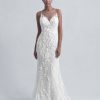 Dresses Kleinfeld Bridal Kleinfeld Exclusives | Sleeveless V-Neck Illusion Neckline Sheath Wedding Dress With Beading And Floral Applique Throughout