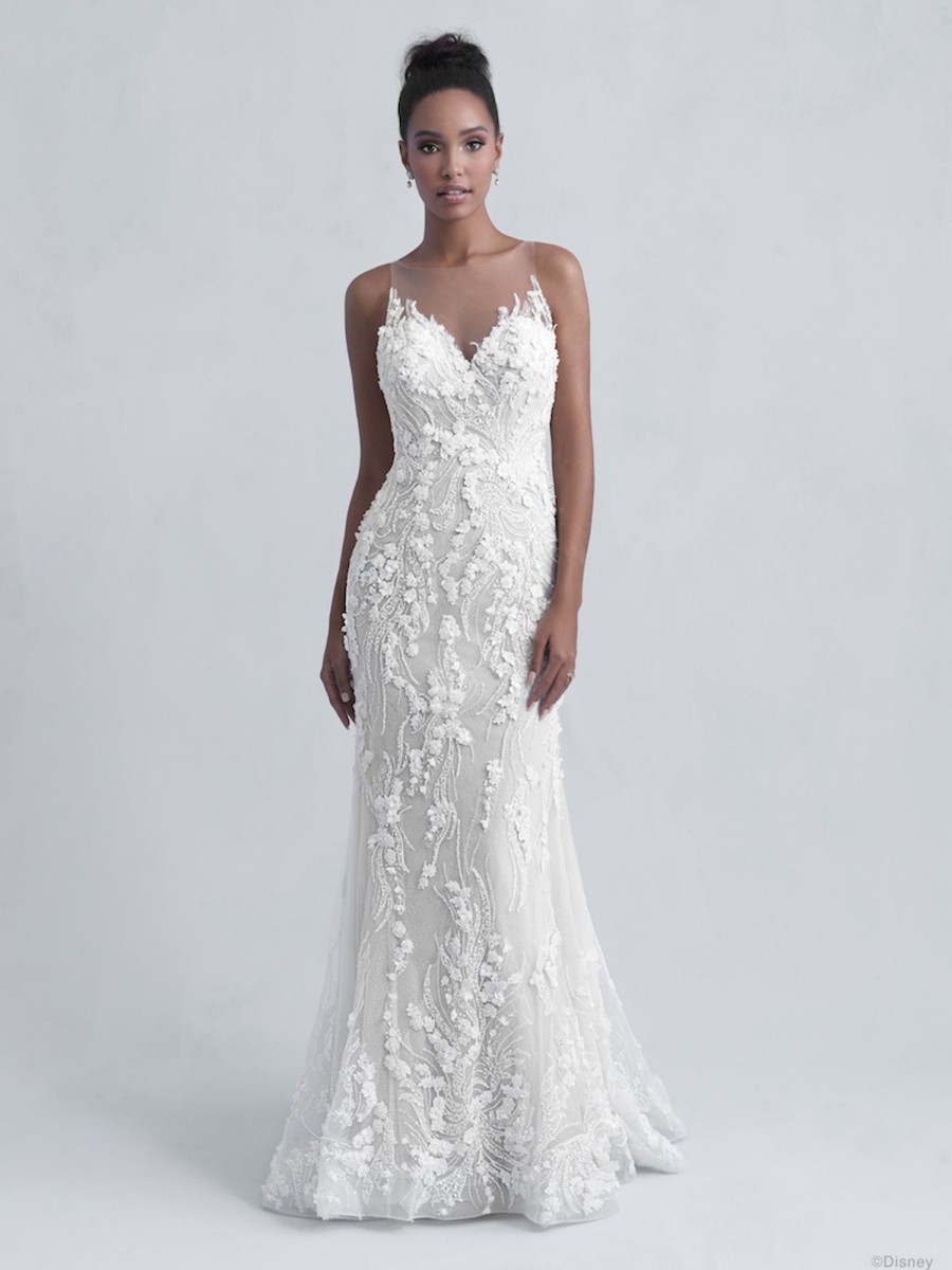 Dresses Kleinfeld Bridal Kleinfeld Exclusives | Sleeveless V-Neck Illusion Neckline Sheath Wedding Dress With Beading And Floral Applique Throughout