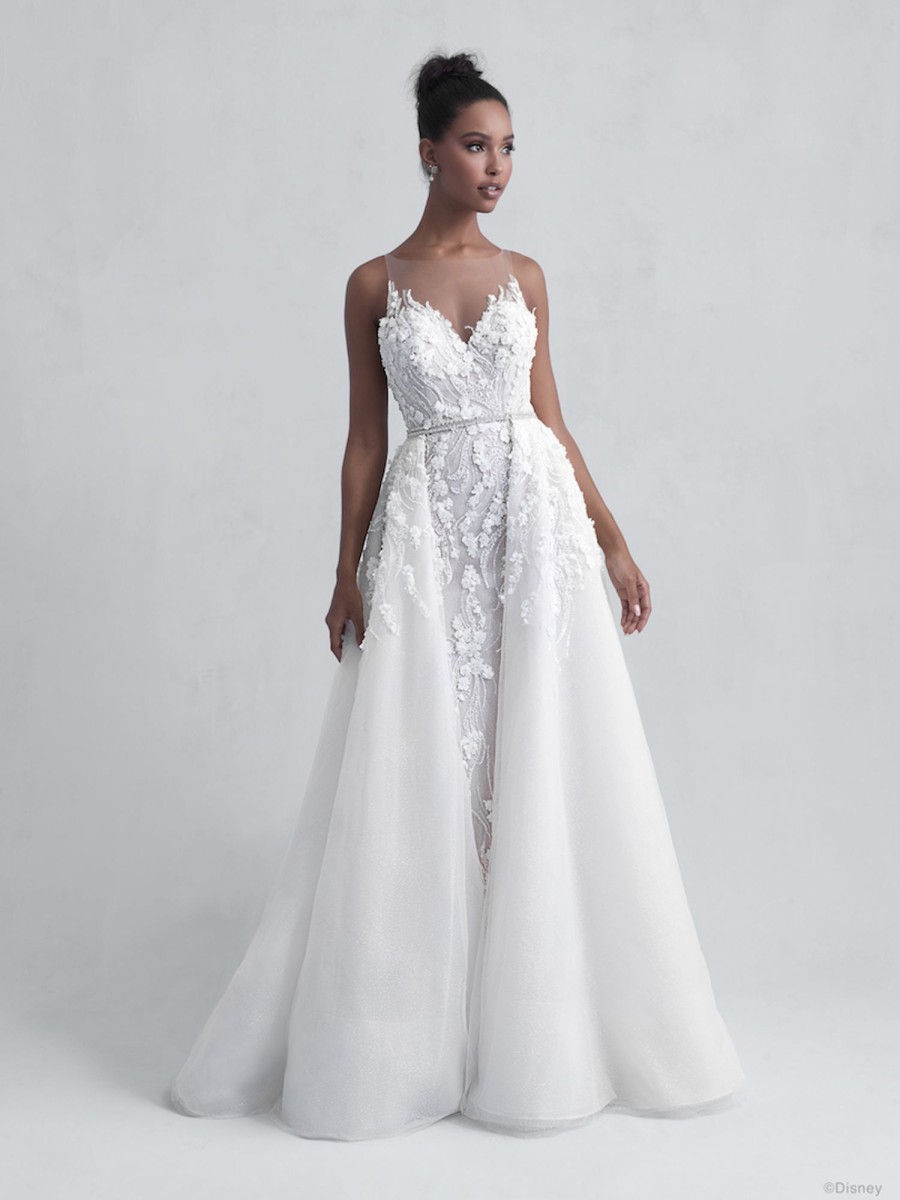 Dresses Kleinfeld Bridal Kleinfeld Exclusives | Sleeveless V-Neck Illusion Neckline Sheath Wedding Dress With Beading And Floral Applique Throughout