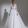 Dresses Kleinfeld Bridal Kleinfeld Exclusives | High Collar Long Puff Sleeve Lace Ballgown Wedding Dress