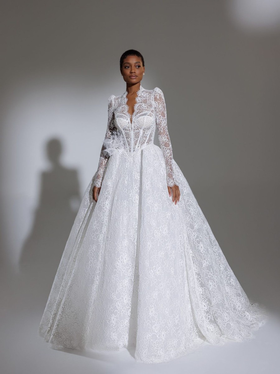 Dresses Kleinfeld Bridal Kleinfeld Exclusives | High Collar Long Puff Sleeve Lace Ballgown Wedding Dress