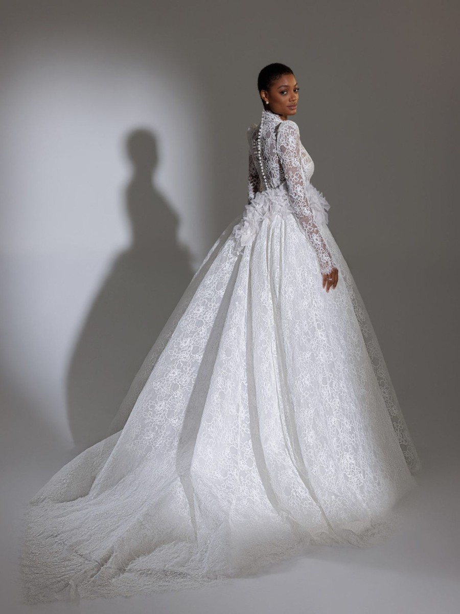 Dresses Kleinfeld Bridal Kleinfeld Exclusives | High Collar Long Puff Sleeve Lace Ballgown Wedding Dress