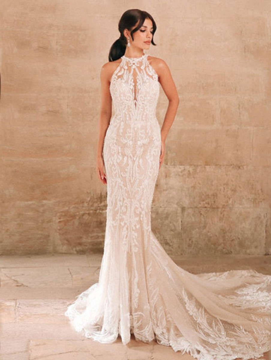 Dresses Kleinfeld Bridal Kleinfeld Exclusives | Beaded Sheath Wedding Dress With Halter Neckline And Open Back