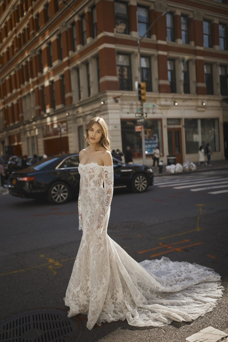 Dresses Kleinfeld Bridal Lace | Lace Off-The-Shoulder Long Sleeve Fit-And-Flare Gown