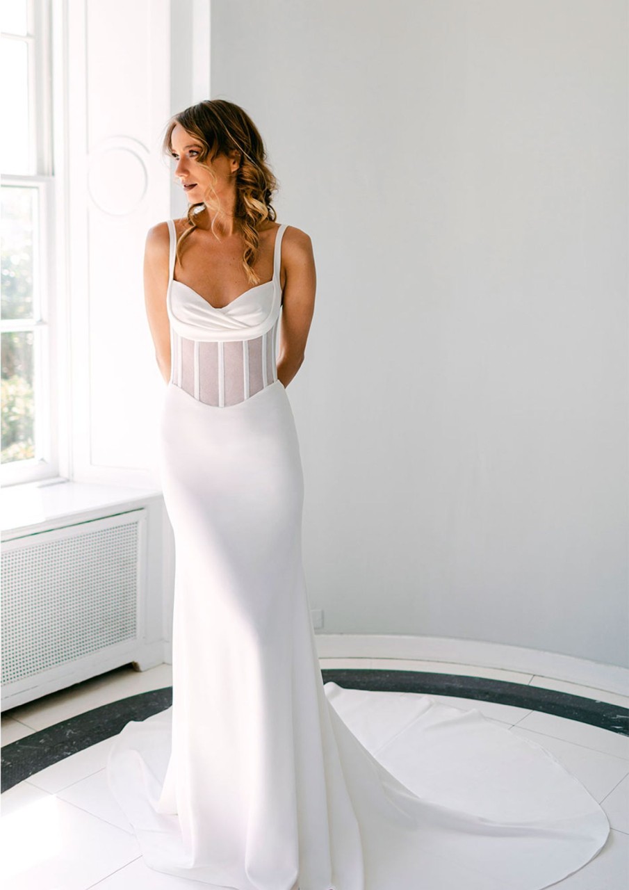 Dresses Kleinfeld Bridal Sexy | Sleeveless Sheath Wedding Dress With Exposed Boned Bodice