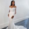 Dresses Kleinfeld Bridal Lace | Long Sleeve Off The Shoulder Sheath Wedding Dress With Lace Bodice And Train