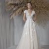 Dresses Kleinfeld Bridal Kleinfeld Exclusives | Short Sleeve V-Neckline A-Line Wedding Dress With Embroidered Tulle