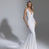 Dresses Kleinfeld Bridal Kleinfeld Exclusives | Sleeveless V-Neckline Crepe Sheath Wedding Dress With Embellished Back