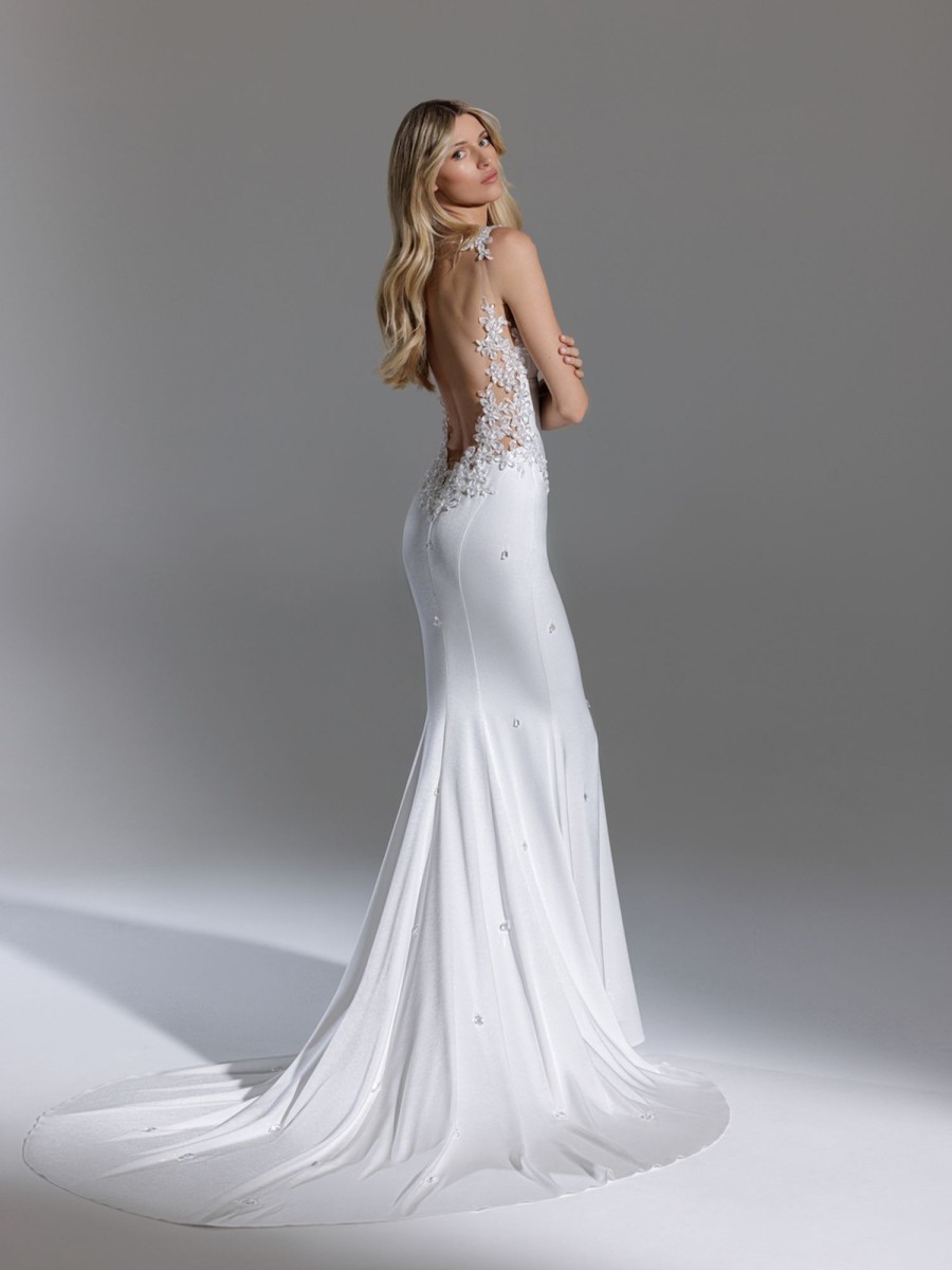 Dresses Kleinfeld Bridal Kleinfeld Exclusives | Sleeveless V-Neckline Crepe Sheath Wedding Dress With Embellished Back