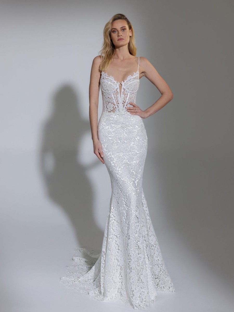 Dresses Kleinfeld Bridal Kleinfeld Exclusives | Sleeveless V Illusion Neckline Glitter Lace Sheath Wedding Dress