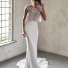 Dresses Kleinfeld Bridal Popular Wedding Dresses | Cap Sleeve Illusion Neckline Two Piece Sheath Wedding Dress With Beaded Top