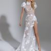 Dresses Kleinfeld Bridal Kleinfeld Exclusives | Short Sleeve High Neckline Sequin Lace Wedding Dress With High Slit