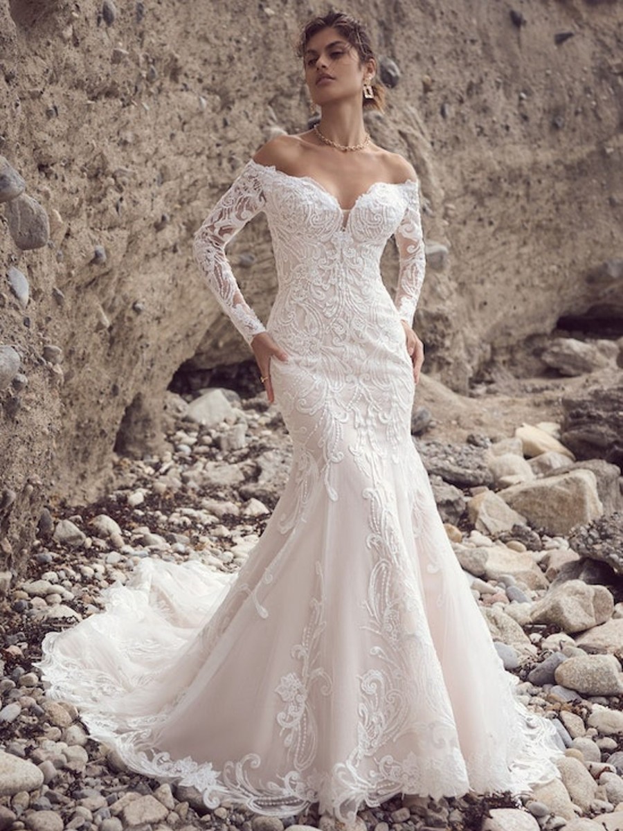 Dresses Kleinfeld Bridal Lace | Off The Shoulder Long Sleeve Lace Fit And Flare Wedding Dress