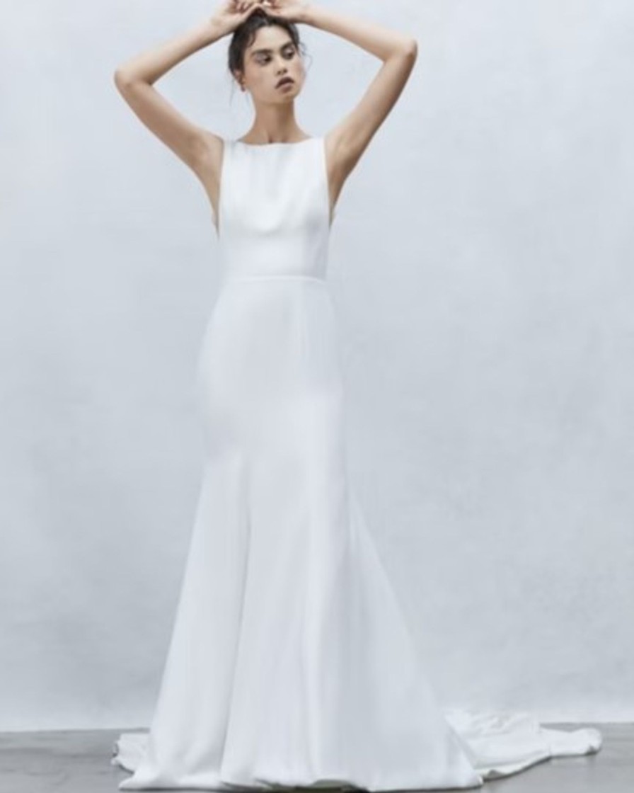 Dresses Kleinfeld Bridal Popular Wedding Dresses | Sleeveless Fit To Flare Wedding Dress With Bateau Neckline And Plunging Back With Buttons To Hem