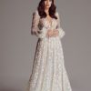 Dresses Kleinfeld Bridal Kleinfeld Exclusives | Long Sleeve A-Line Sequin Wedding Dress With Open Back