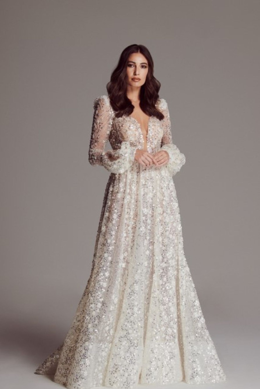 Dresses Kleinfeld Bridal Kleinfeld Exclusives | Long Sleeve A-Line Sequin Wedding Dress With Open Back