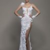 Dresses Kleinfeld Bridal Sexy | Illusion Long Sleeve Floral Lace Sheath Wedding Dress With Slit