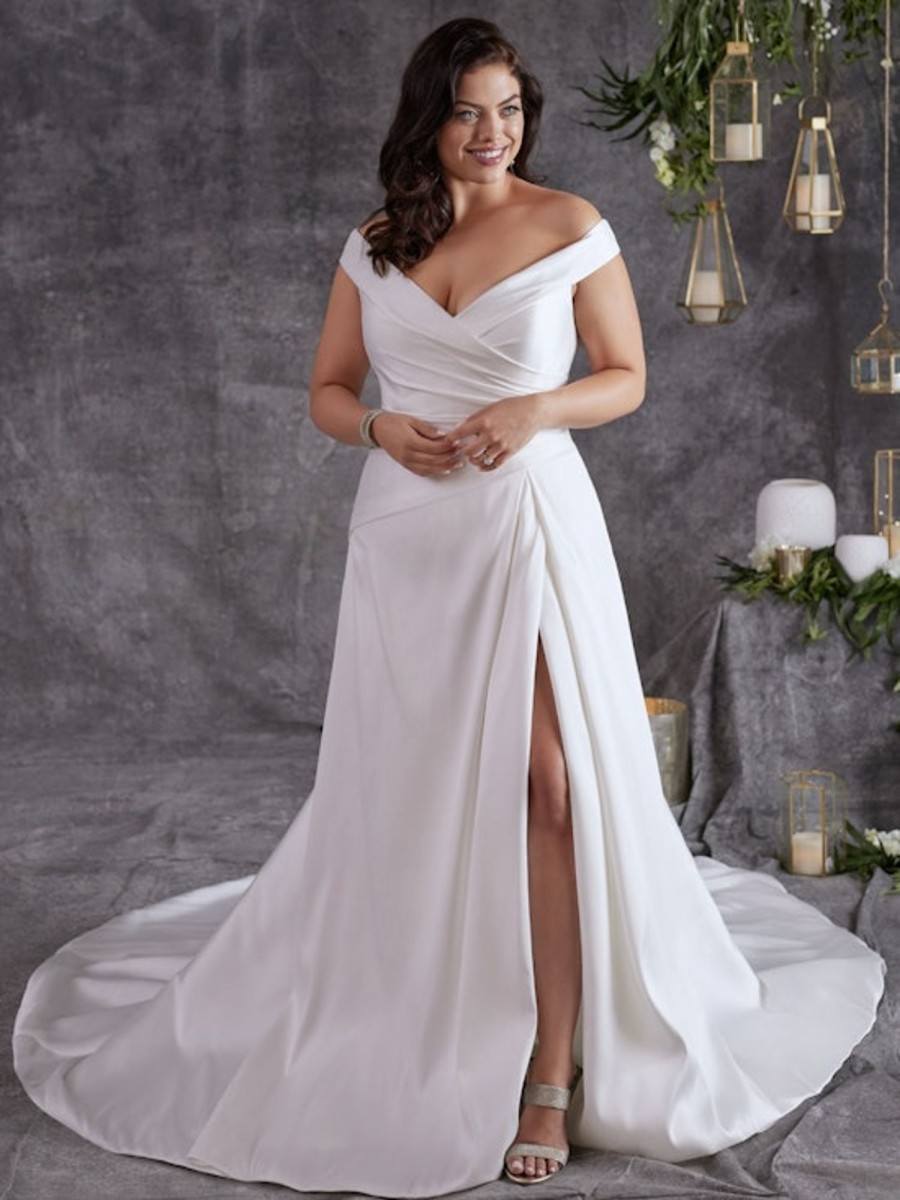 Dresses Kleinfeld Bridal Plus Size Wedding Dresses | Off The Shoulder A-Line Wedding Dress With Front Slit