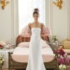 Dresses Kleinfeld Bridal Fit And Flare | Simple Draped Fit-And-Flare Gown With Detachable Bow Cape