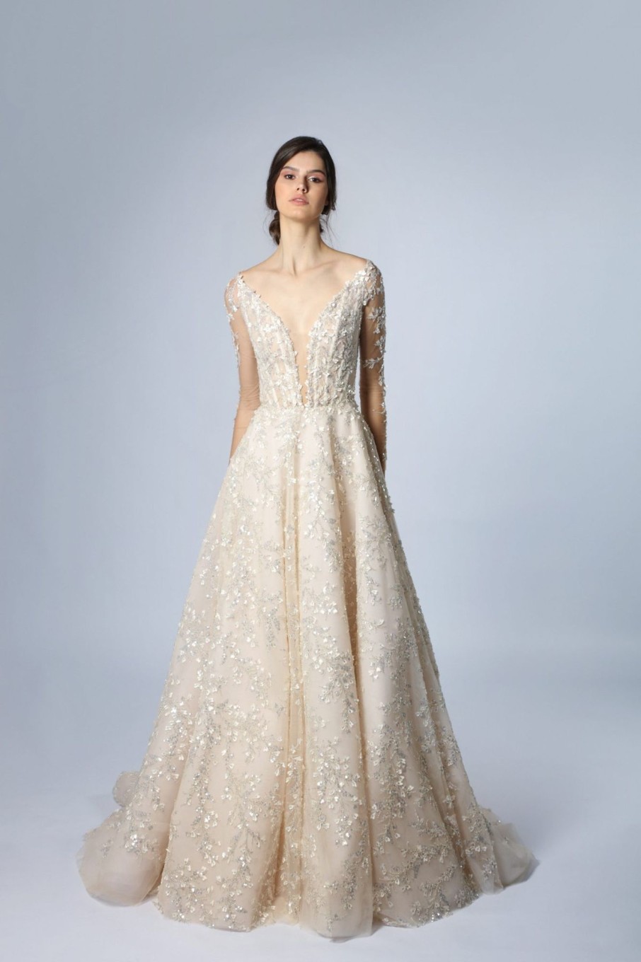 Dresses Kleinfeld Bridal Long Sleeves | Illusion Long Sleeve A-Line Gown With Organic Embroidery