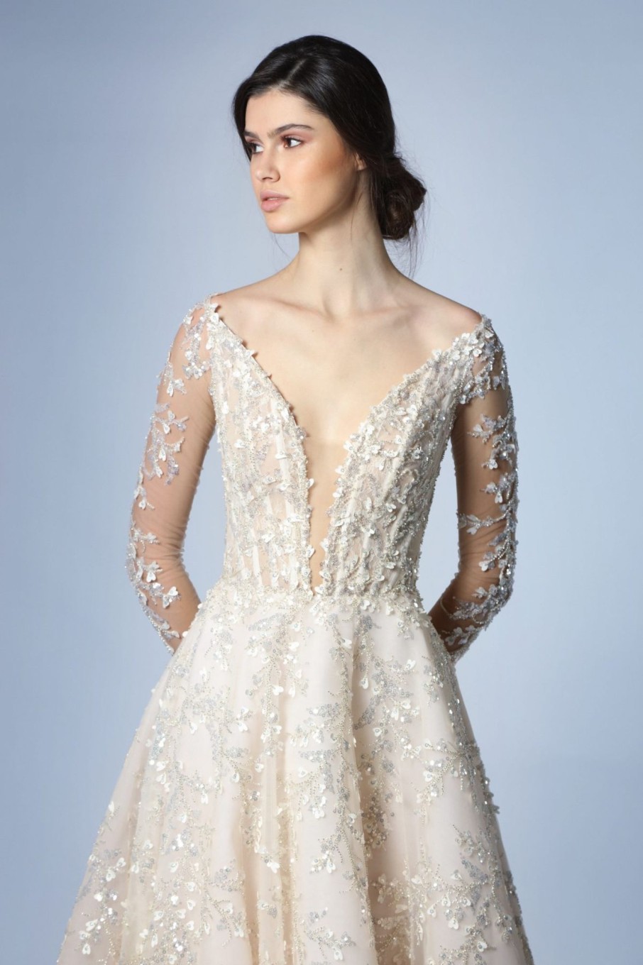 Dresses Kleinfeld Bridal Long Sleeves | Illusion Long Sleeve A-Line Gown With Organic Embroidery