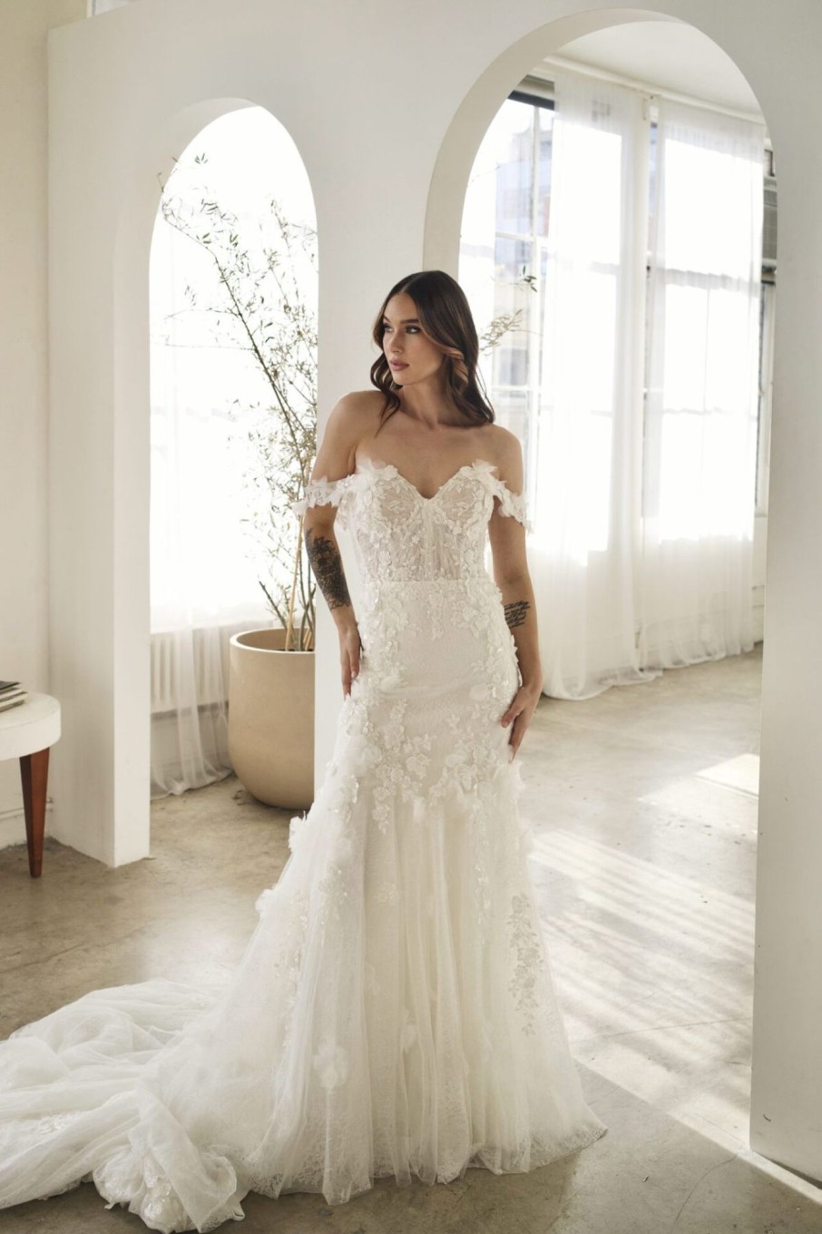 Dresses Kleinfeld Bridal Plus Size Wedding Dresses | Lace Off The Shoulder Fit And Flare Wedding Dress